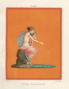 Mural of Venus and cupid fishing with rods from a pond. Found in Regio V.V.3, the House of the Gladiators. Chromolithograph by Victor Steeger after an illustration by Geremia Discanno from Emile Presuhn (1844-1878) The Most Beautiful Paintings of Pompeii, 