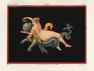Nereid tengeri nimfa, amelyet egy szörny, félig párduc és félig hal támogat. Museo Naz. XXII, Stabiae. Victor Steeger kromolitográfiája Geremia Discanno illusztrációja után, Emile Presuhn (1844-1878) Pompei legszebb festményei, Lipcse