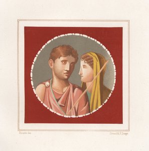 Férfi és nő portréja egy azonosítatlan házból Pompejiben. Victor Steeger kromolitográfiája Geremia Discanno illusztrációja után, Emile Presuhn (1844-1878) Pompei legszebb festményei, Lipcse
