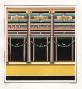 Wall painting from a room in the House of the Epigrams. V, Ins. 1, No. 18. Chromolithograph by Victor Steeger after an illustration by Geremia Discanno from Emile Presuhn (1844-1878) The Most Beautiful Paintings of Pompeii, Leipzig