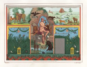 Orpheus falfestménye lírával a Vesonius Primus ház viridáriumából (kertjéből), egy fuller. Állatok veszik körül, köztük oroszlán, puma, vaddisznó, szarvas, nyúl és kék flamingó. Victor Steeger kromolitográfiája illusztráció után