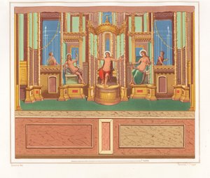 Wall painting showing Bacchus, Venus and Apollo from a secluded seated area in a corner of a garden in the Domus M. Herenulli Communis or House of Apollo, Reg. VI, Ins. VII, No. 23. Chromolithograph by Victor Steeger after an illustration by Geremia Discan