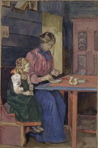 Fiatal lány Hallingdalból gyöngyfűzést tanul alkotó: Gerhard Peter Frantz Vilhelm Munthe