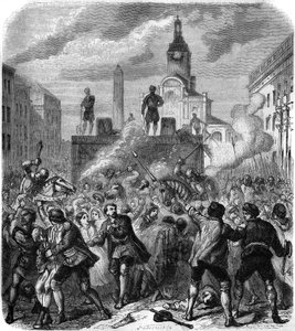 Stockholmi vérengzés, a svéd nemzeti ellenállási vezetők lemészárlása II. Keresztény dán király parancsára, 1520. november 8.: a hadsereg igyekszik csillapítani a lakosság haragját, kénytelen nézni a kivégzéseket. Gerlier metszete alkotó: Gerlier Gerlier