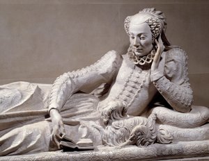 Temetési emlékmű: Jeanne Valentine Balbiani (1518-1572), Rene de Birague bíboros (1506-1583) francia kancellár feleségének sírja. Részlet. Germain Pilon (1535 - 1590) márványszobra, 1573 körül. Párizs, Musee Du Louvre