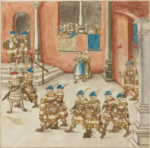 Lovagmenet, amelyet hölgyek néznek az erkélyen alkotó: German 16th Century