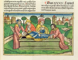 2 Chronicles 35 24 Jósiás temetése, a nürnbergi Bibliából (Biblia Sacra Germanaica) (színes fametszet)