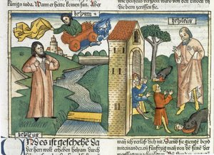 2 Királyok 2 1-24 Illés forgószélben felmegy a mennybe, és az Elizeust gúnyoló fiúkat megeszik a medvék, a nürnbergi Bibliából (Biblia Sacra Germanaica) (színes fametszet) alkotó: German School