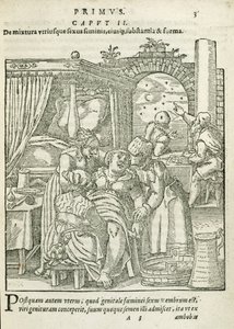Egy vajúdó nő, illusztráció a 2. fejezetből, Rueff: A férfi fogantatásáról és növekedéséről, 1587. alkotó: German School