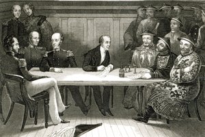 Konferencia Chusanban Bremer Commodore és Chang kínai tisztviselő között a HMS Wellesley fedélzetén, 1841. július 4. alkotó: German School