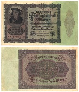 Egy ötvenezer márkás bankjegy, 1922 (recto and verso) alkotó: German School