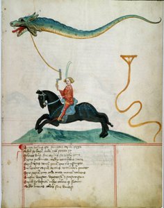 Sárkányrepülő szarvast tartó lovag A 15. századi német iskola kéziratos oldala. 1405 Gottingen, az egyetem könyvtára alkotó: German School