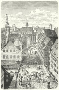 Egy utca Nürnbergben a 15. században (metszet) alkotó: German School