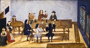 Egy kocsmabelső jelenet kártyázó alakokkal, 1690 körül (gouache papíron) alkotó: German School