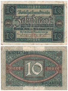 Egy tízmárkás bankjegy, 1920 (recto and verso) alkotó: German School