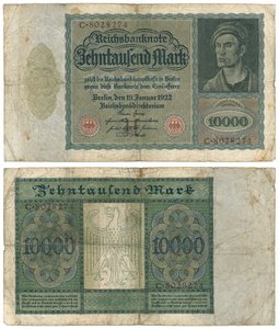 Egy tízezer márkás bankjegy, 1922 (rekto és verso) alkotó: German School