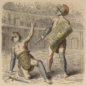 Egy sebesült római gladiátor, aki életéért könyörög a tömegnek (színes metszet) alkotó: German School