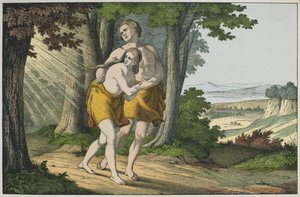 Ádám és Éva kiűzve a paradicsomból, illusztráció a LAncien Testamentből, kiadó: Jakob Ferdinand Schreiber, Esslingen (színes metszet) alkotó: German School