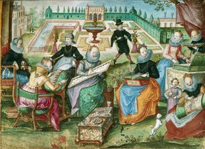 Add.1 7025 fol.50 Hímzésüknél ülő hölgyek a „Gervasius Fabricius Amicorum albumából” (színes litó) alkotó: German School