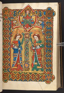 Hozzáadás. 60629, f.34 Krisztus és az angyalok megkoronázzák a két szerzetesi szentet (vellum) alkotó: German School