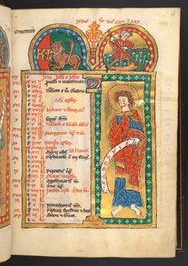 Hozzáadás. 60629, f.4 Július. 12 naptárlap arany és színben, építészeti keretekkel, amelyek mindegyike az állatöv jelét, egy apostolát és a hónap munkáját tartalmazza.  Zsoltároskönyv. Világító zsoltár kalendáriummal, énekekkel és litániákkal apácák haszná alkotó: German School