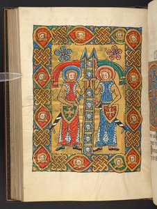 Hozzáadás. 60629, f.84v Két katonai szent, mások fejével (vellum) alkotó: German School