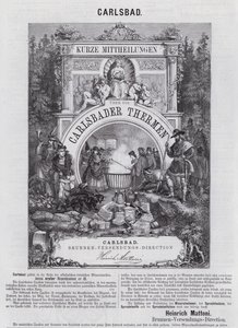 Mattoni ásványvíz és egyéb termékek reklámozása a csehországi Carlsbadban (Karlovy Vary), Csehországban (metszet) alkotó: German School