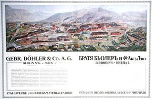 Az osztrák Gebr.Boehler & Co cég acélmű- és fegyvergyárának reklámja, egy bolgár almanachból, 1916 körül (színes litó) alkotó: German School