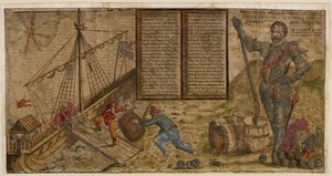 Francis Drake spanyolok elleni hadjáratát ünneplő, illusztrált lap, illusztráció a „Hier steh ich Drach in Engelandt” című könyvből (toll és tinta mosással a papíron) alkotó: German School