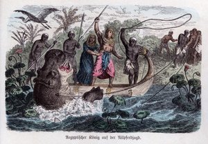 Őstörténelem. Egyiptom. A fáraó egy vízilóvadászatban. Német ... (metszet) alkotó: German School