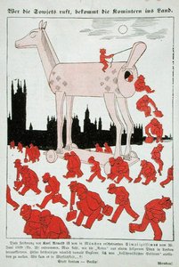 Antibolsevik karikatúra a Harmadik Birodalomról, amely a bolsevikokat ábrázolja, akik egy trójai faló elől Londonba menekülnek (színes litho) alkotó: German School
