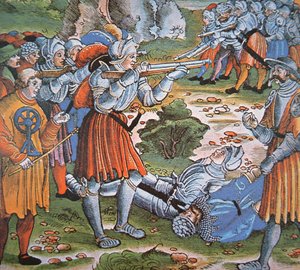 Páncélos katonák lőtt gyufazárral Arquebus, 15. század vége (kézzel színezett fametszet) alkotó: German School