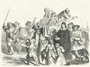 Francia hugenotta bevándorlók érkezése Brandenburgba, miután Frigyes Vilmos választófejedelem 1685-ben kiadta a potsdami ediktumot (metszet) alkotó: German School