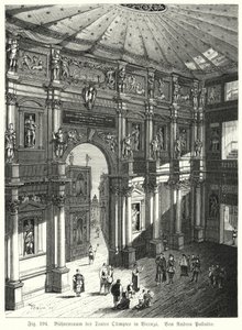 A Teatro Olimpico nézőtere és színpada, Piacenza, Olaszország, tervezte: Andrea Palladio (metszet) alkotó: German School