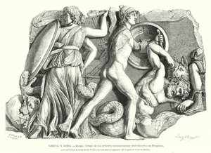 Csata az istenek és a titánok és óriások között, ókori görög dombormű Pergamonból (litho) alkotó: German School