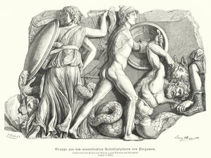 Csata az istenek és a titánok és óriások között, ókori görög dombormű Pergamonból (metszet) alkotó: German School