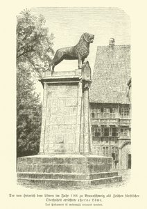 Bronz oroszlán, amelyet Oroszlán Henrik állított fel Brunswickban 1166-ban (metszet) alkotó: German School