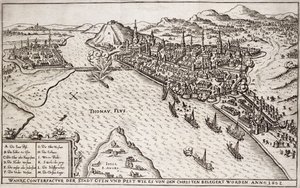 Buda és Pest 1602-ben ostromolták a keresztények, illusztráció az európai oszmán hadjáratokról szóló könyvből, Furst Pál (kb. 1605-66) metszete alkotó: German School