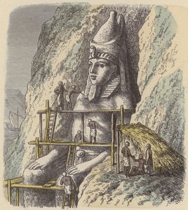 Egy ókori egyiptomi fáraó szobrának faragása egy sziklafalból (színes metszet) alkotó: German School