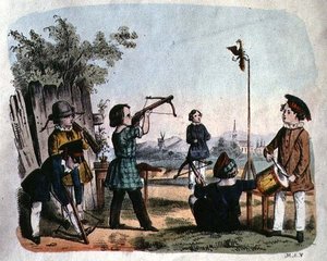 Gyerekek célba lőnek egy arquebuse-zal, 1860 körül (színes metszet) alkotó: German School