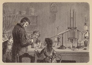 Gyerekek tudományos kísérletet néznek (metszet) alkotó: German School