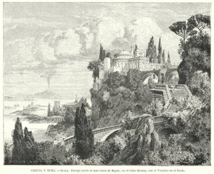 A Nápolyi-öböl partvonala az ókori római Baiae várostól, a Miseno-foktól, a Vezúv a távolban (litho) alkotó: German School