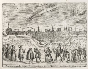 Üstökös látható Augsburg felett 1618. november végén, a Cometen Historia kocsmából. 1618 alkotó: German School