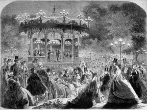 Koncert a Champs-Elysées zenei kioszkban, német metszet v. 1861. alkotó: German School
