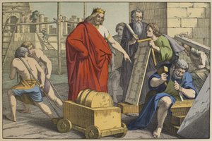 A jeruzsálemi templom építése, illusztráció a LAncien Testamentből, kiadó: Jakob Ferdinand Schreiber, Esslingen (színes metszet) alkotó: German School