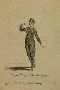 Jelmezterv Papageno szerepére Wolfgang Amadeus Mozart Varázsfuvola című operájában, Lipcsében, I. B. Klein kiadásában, 1793 (színes metszet) alkotó: German School