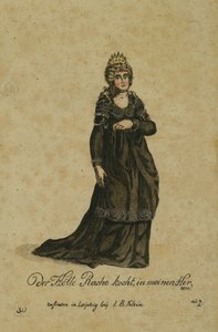 Jelmezterv az Éj Királynője szerepére Wolfgang Amadeus Mozart Varázsfuvola című operájában, Lipcsében, I. B. Klein kiadásában, 1793 (színes metszet) alkotó: German School