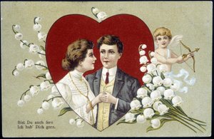 Szerelmespár gyöngyvirággal és Ámorral körülvett szívben (Eros) - német képeslap, XX. alkotó: German School
