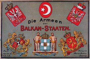 A balkáni államok hadseregeiről szóló brosúra borítója, 1912 körül alkotó: German School