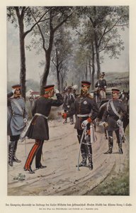 Frigyes német trónörökös, aki apja, I. Vilmos császár nevében Vaskereszttel tünteti ki Helmuth von Moltke tábornagyot (színes litó) alkotó: German School